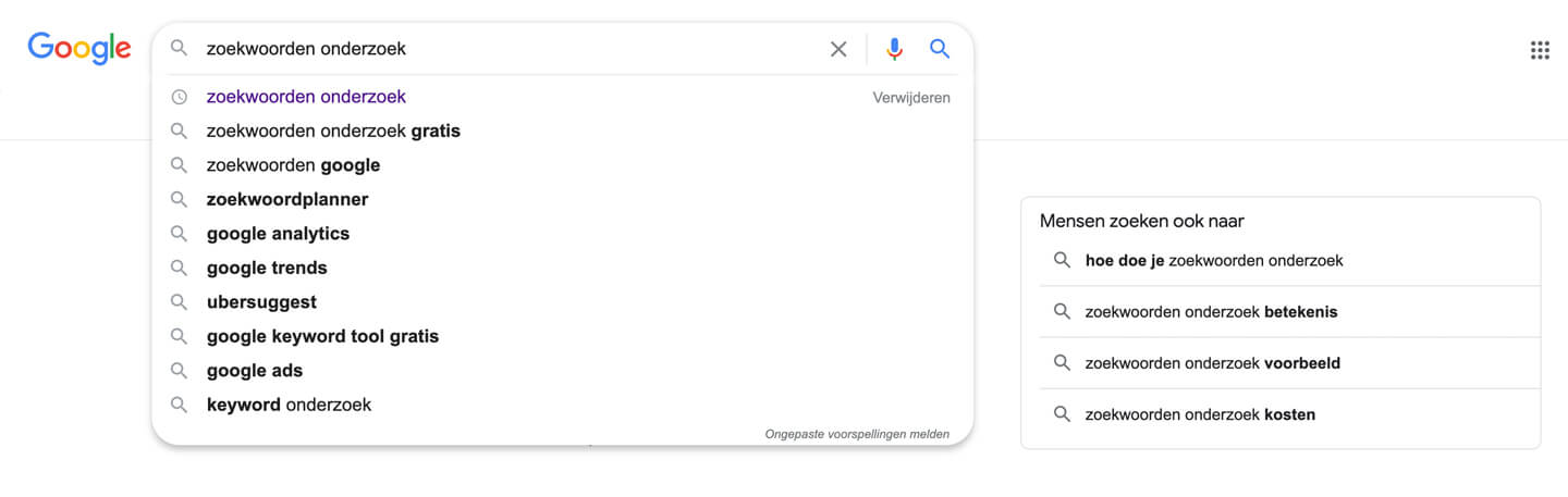 Google Suggest bij zoekwoorden onderzoek